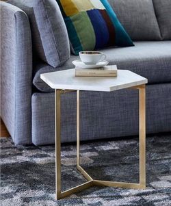 West Elm Hex Side Table Antique Brass Marble Top Octagon Gold Base