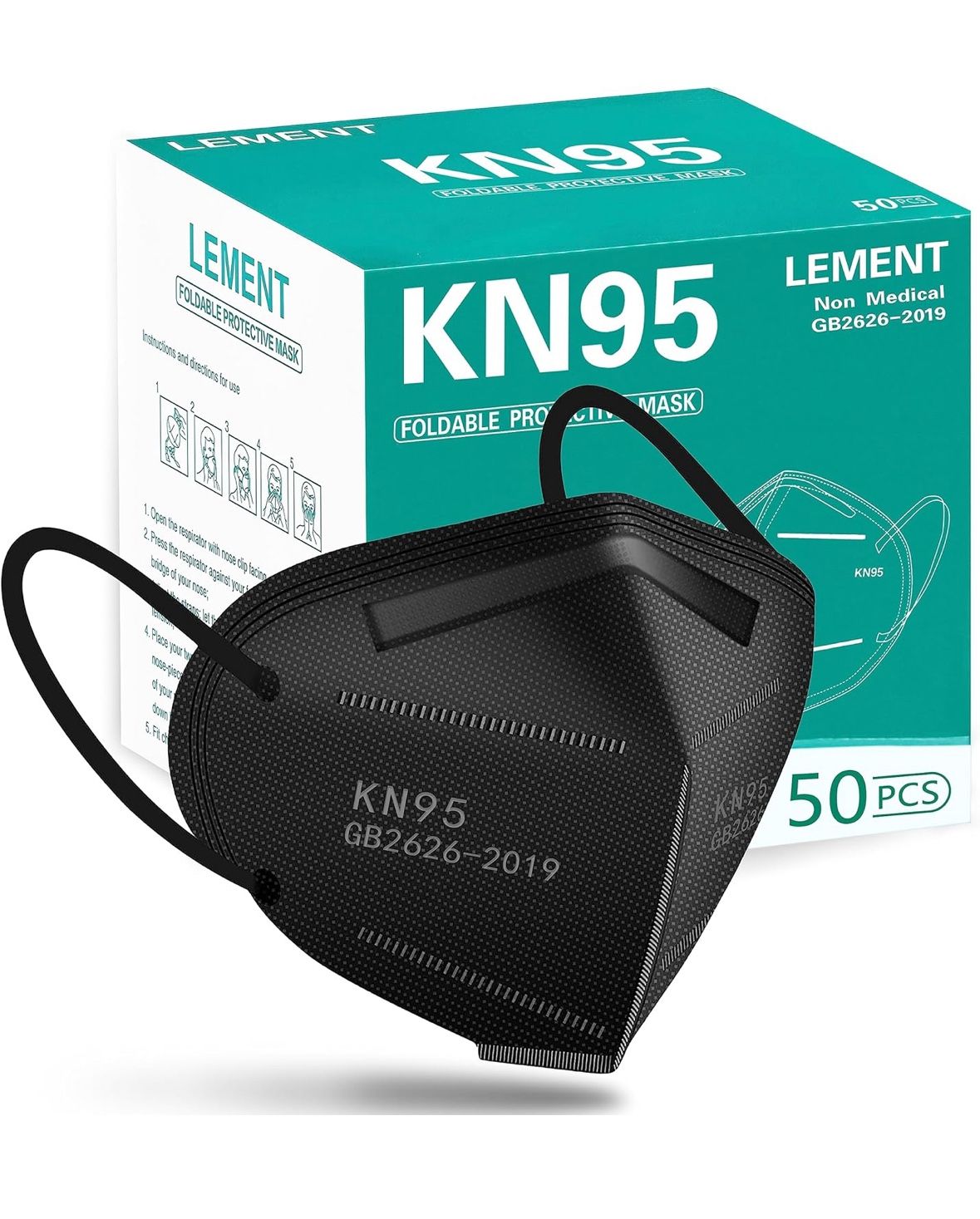 LEMENT 50pcs KN95 Face Mask Black 5 Layer Cup Dust Safety Masks Filter Efficiency≥95% Breathable Elastic Ear Loops Black Masks