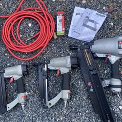 3 Porter-Cable Pneumatic Nailer Tools Set (3 Tools, Hose w/Extras)
