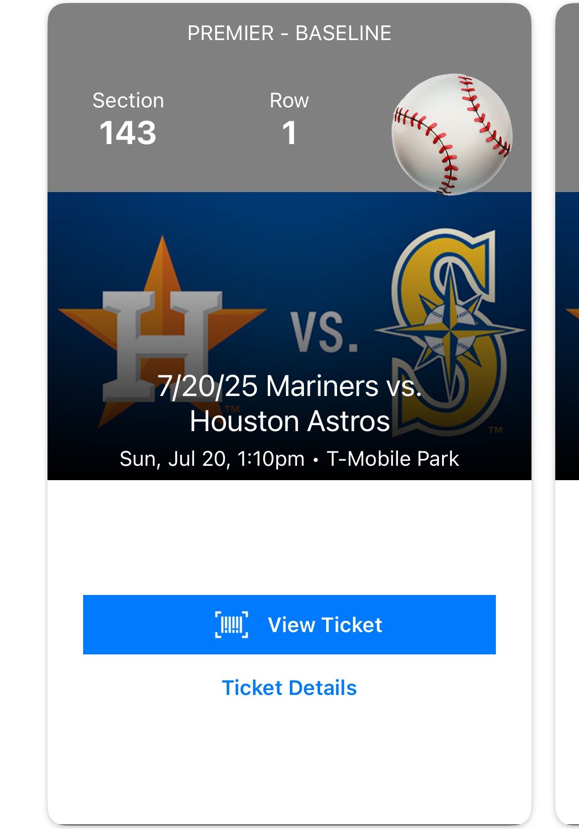 FRONT ROW- Sun 7/20- Houston Astros At Seattle Mariners
