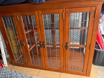 Oak Wood Display Cabinet with Leaded Glass Doors