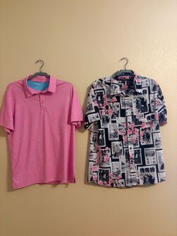 Lot of 2 Men's Short Sleeve Shirts L Pink Pattern Golf Polo & Graphic Button Dow
