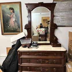 Antique Wood Dresser  And Mirror 