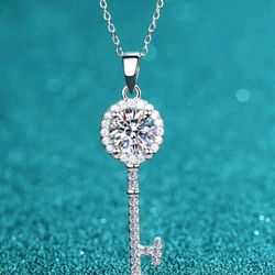 1/2ct Moissanite Key Pendant Necklace 925 Sterling Silver Jewelry