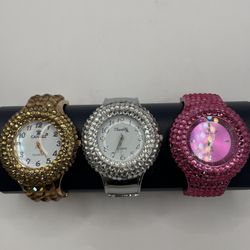 Cannes & Chantilly Quartz Rhinestone Cuff Wristwatches (3) Pink/Copper/Silver