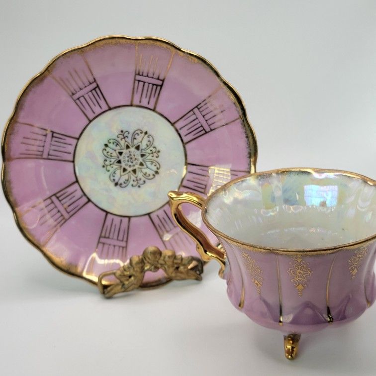 Royal Sealy Vintage Footed Bone China Teacup & Saucer Pink w/ Gold Trim Japan