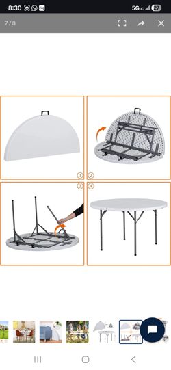 4 ft Round Folding Table,48" Indoor Outdoor Portable Plastic Kitchen or Camping Picnic Party Wedding Event Table, White