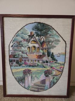 Cottage Core Cross Stitch Framed in Glass