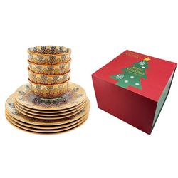 Brand New - Bohemian Orange - 12 Pc Dinnerware Dishes Set, Bohemian Boho Ceramic Kitchen Plate and Bowl for 4