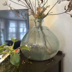 pair of two matching gorgeous hand blown freeform thick glass vases, like new, LARGE