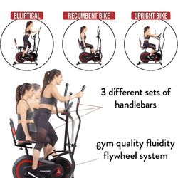3 in 1 Exercise Machine, Elliptical with Seat Back Cushion, Upright Cycling, and Reclined Bike Modes 
