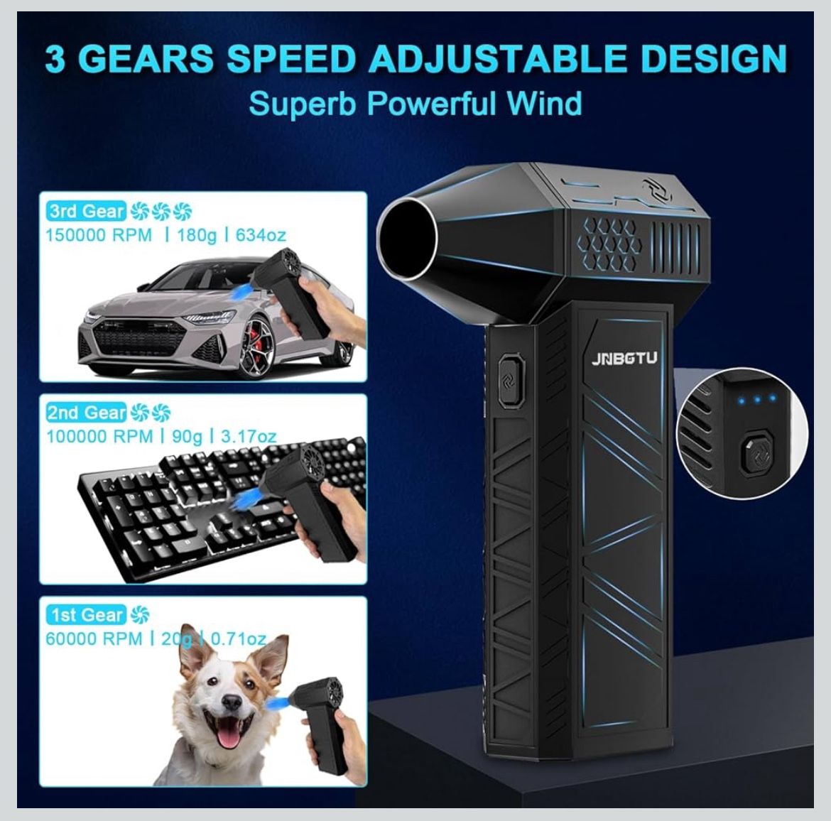 Compressed Air Duster - 150000RPM Electric Air Duster, Cordless Rechargeable High-Speed Air Blower, 3 Gear Adjustable Jet Dry Blower for Keyboard, PC,