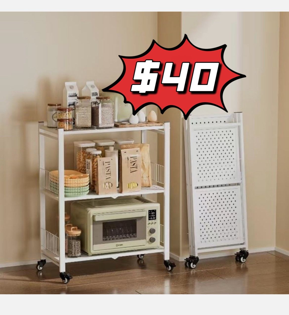 ❤️$40❤️ Folding Storage Shelves 3-Tier Metal Foldable Shelf Shelving Rack Rolling Wheel  Pick up is in the East Los Angeles 90032 El Sereno Neighborho