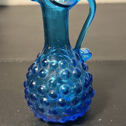 Empoli Italy MCM Hand Blown Blue Hobnail Bubble Art Pitcher Jug, 4.25”