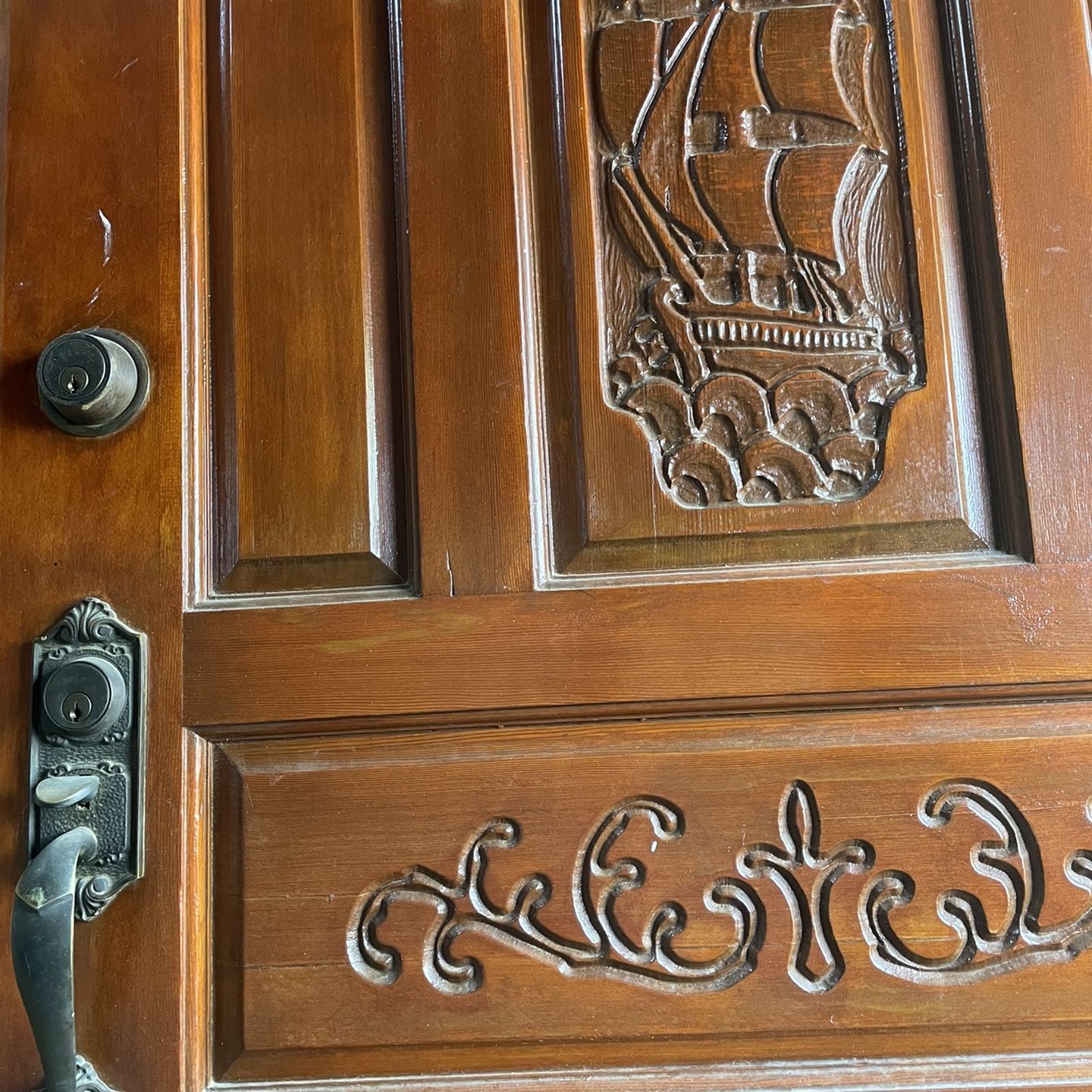Hand Carved Wooden Front Door. Antique