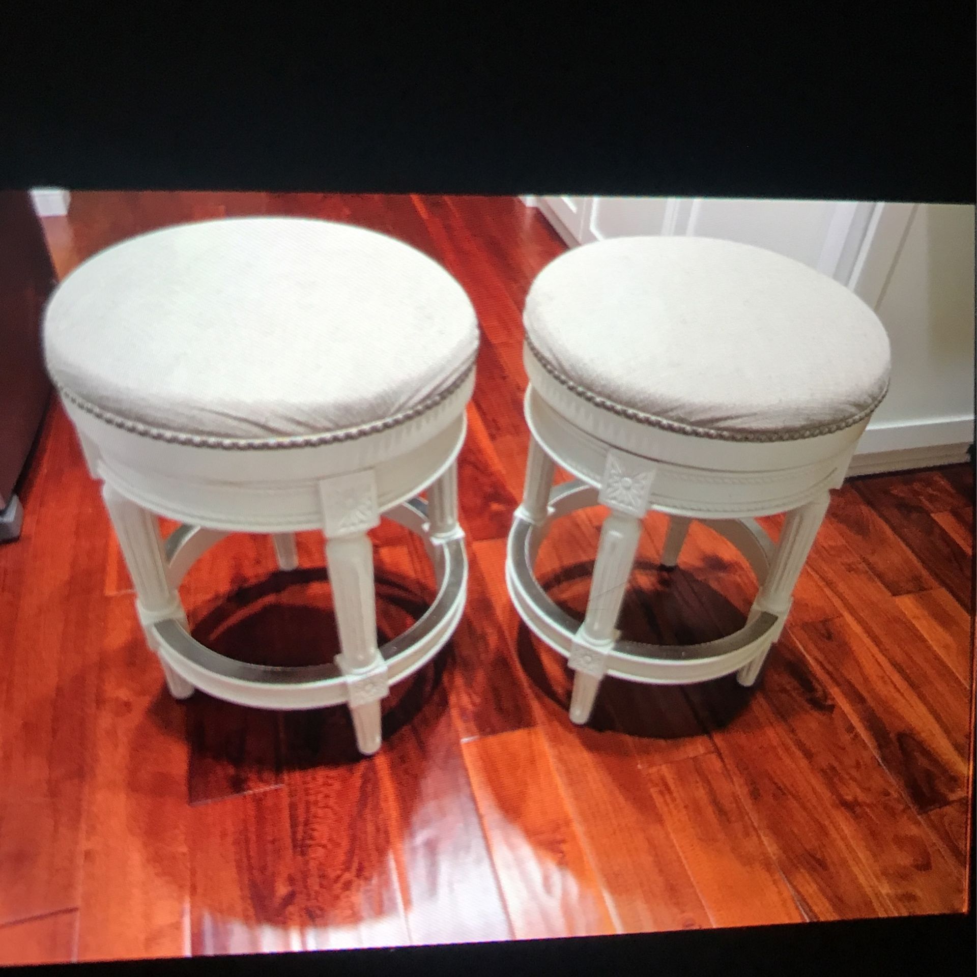 2 Kitchen Stools, Swivel, Linen Padded Seats