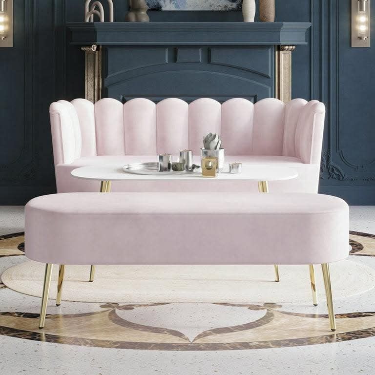 Castle Place Modern Luxury Upholstered Velvet Love Seat with Bench and Coffee Table, Light Pink