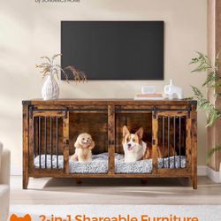 Feandrea Large Dog Crate Furniture, Heavy-Duty Dog Cage for 1 Large Dog or 2 Medium Dogs, with Divider, Sliding Doors, TV Stand, Rustic Br