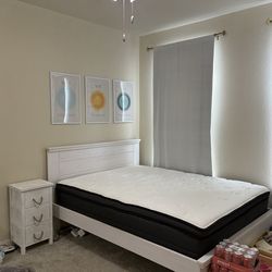 Queen Bed Frame + Mattress + Nightstand for Sale