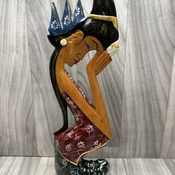 Hand-Carved Wooden Balinese Kneeling Female Dancer Figurine Statue 