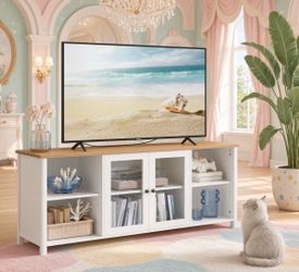 TV Stand for TVs up to 65 Inches,TV Cabinet with Open Shelves,Closed Cabinet,Glass Doors,Rustic White and Heather Greige