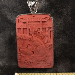 Carnelian Koi Fish Temple Pendant SS 925 Marked Large Art Piece Jewelry New & Beautiful! 🎏🎏🎏