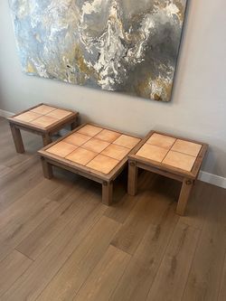 3-Piece Indoor/Outdoor Solid Wood and Terracotta Tile Top Coffee Table Set
