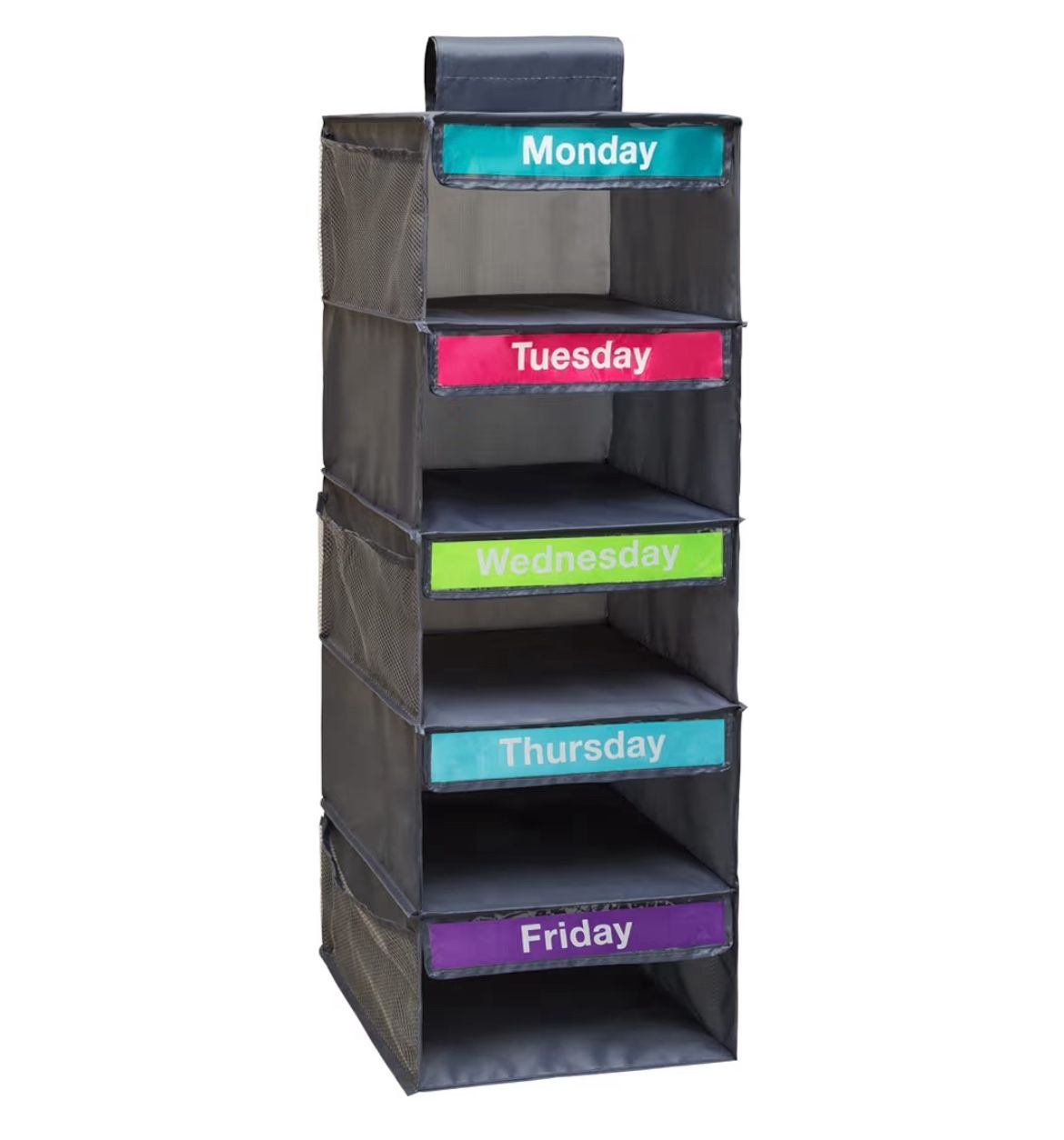 5-Shelf Weekly Clothes Organizer for Kids, Kids Daily Shelf Hanging Closet Organizer with 6 Side Pockets, Days of The Week Hanging Storage Shelves, Gr
