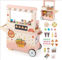 NEW Kids Wooden Pizza Food Truck & Ice Cream Cart - Pink Pretend Play Kitchen Market Stand with 41 Play Food Accessories, Oven & Card Machine