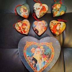 Vintage Paper Mache Heart Shaped Christmas Ornaments 