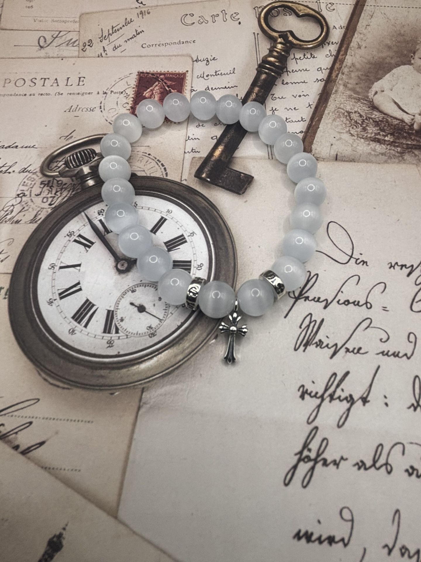 CHROME HEARTS HOWLITE 8MM 3 BEAD BRACELET W/ TINY CROSS CHARM