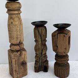 Set of 3 Antique Wooden Candle Holders Architectural One of a Kind India