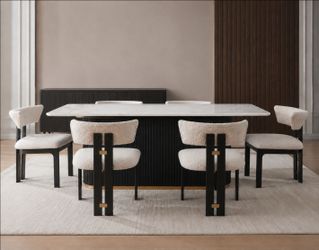 Luxury Faux Marble Dining Table + 6 White Boucle Dining Chairs Set