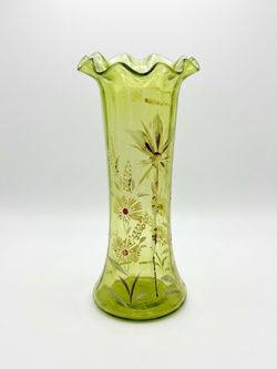 Antique Green Glass Vase with Floral Enamel Detail