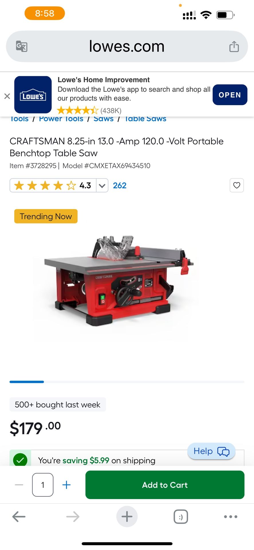 CRAFTSMAN 8.25-in 13.0 -Amp 120.0 -Volt Portable Benchtop Table Saw