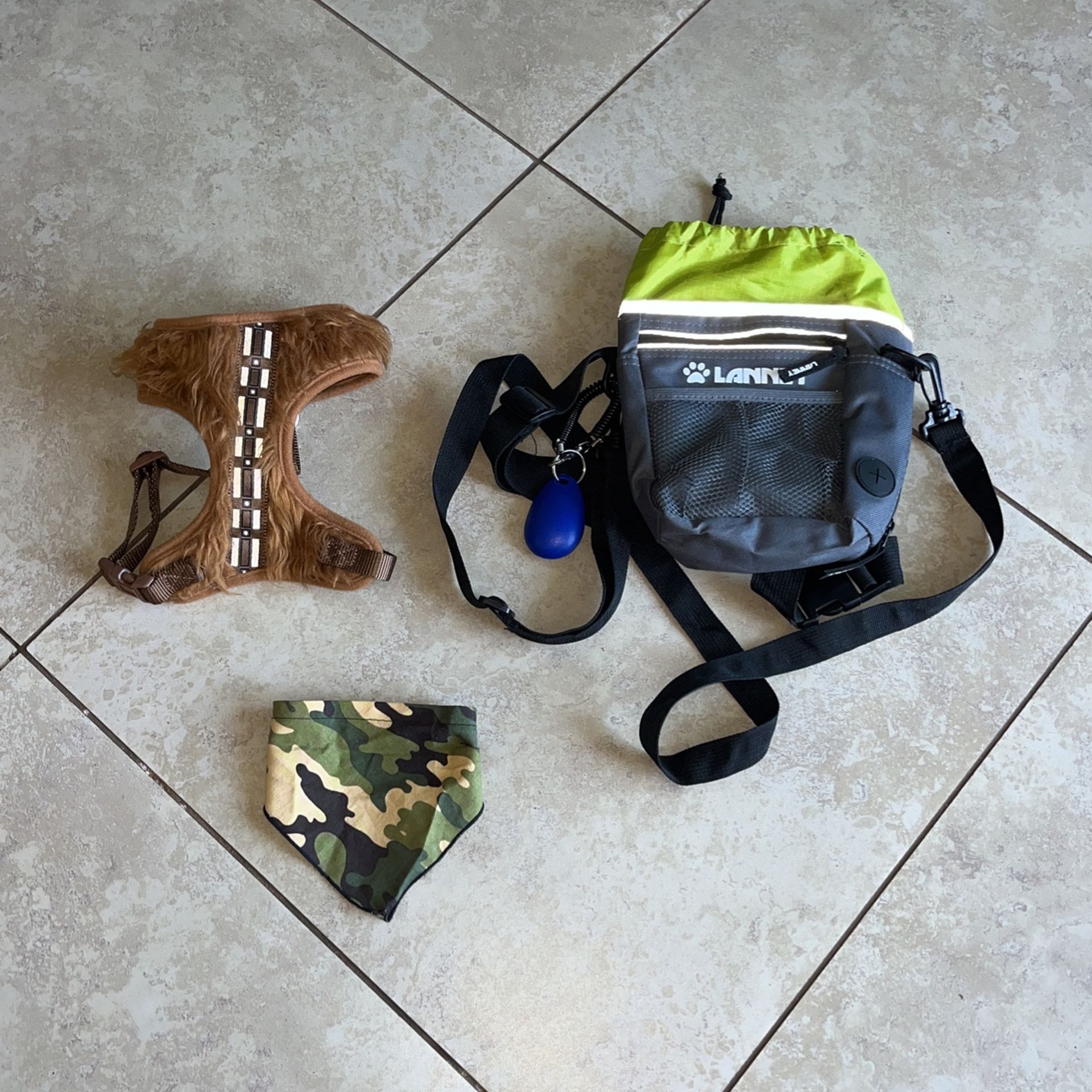 Star Wars Chewbacca Dog Harness, Lanney Dog Treat Bag, and Camouflage Bandana