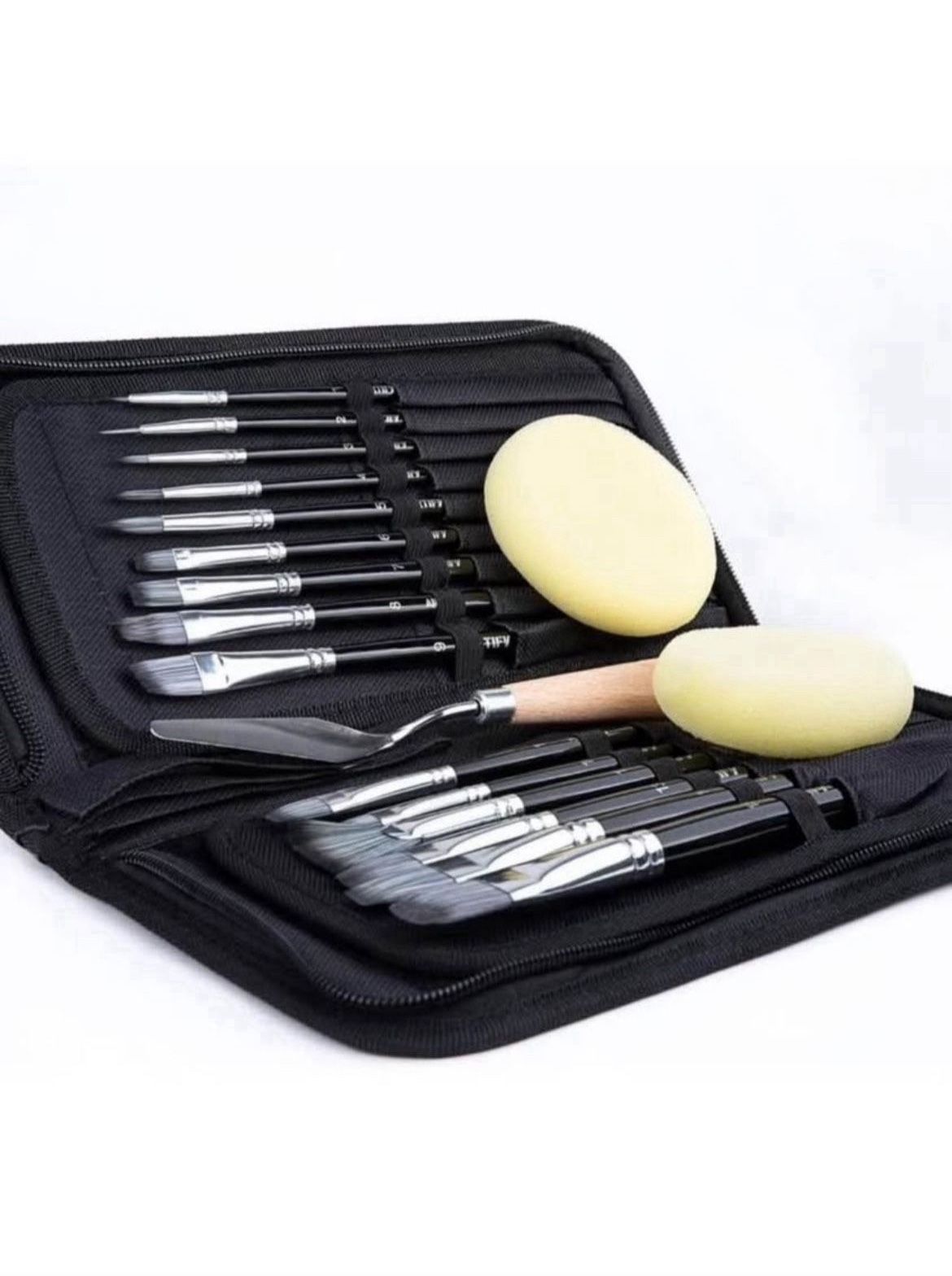 15 pcs Paint Brush Set Includes Pop-up Carrying Case with Palette Knife and 2 Sponges and 12 Pcs Watercolor Paint Brushes Art Set Bundle