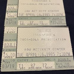 APRIL 16,1985 CHICAGO AT ASU ARIZONA CONCERT TICKET STUBS 2 