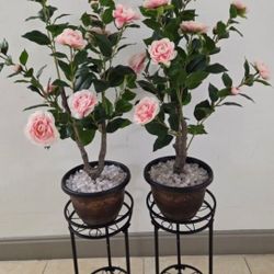 *** NEW LOW PRICE *** 3ft Faux Pink Camellia Trees Topped with Opalite / Clear Stones in 10" Resin Planters / Stands @ Lasting Creations