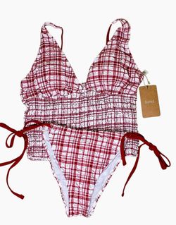 Women's Swimsuit NEW Med SAMIOL String Tankini Bikini Dark Red & White Adjustable Flattering Comfortable