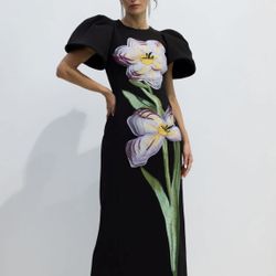 Floral embroidery Puff Sleeve Maxi dress 