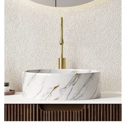 New Not Used 14'' Bathroom Round Ceramic Sink with Stone Pattern, No Faucet No Cabinet (Matte White)