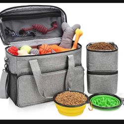 Dog Travel Bag, Luggage With 2 Collapsible Slow Feeder Bowls,2 Food Storage Containers,pet Supplies Tote Organizer 21L,15*7*12”