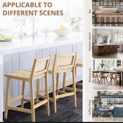 2 taburetes de mostrador modernos de 26 pulgadas de altura de mostrador con asiento de correa tejida de piel sintética y respaldo abierto,