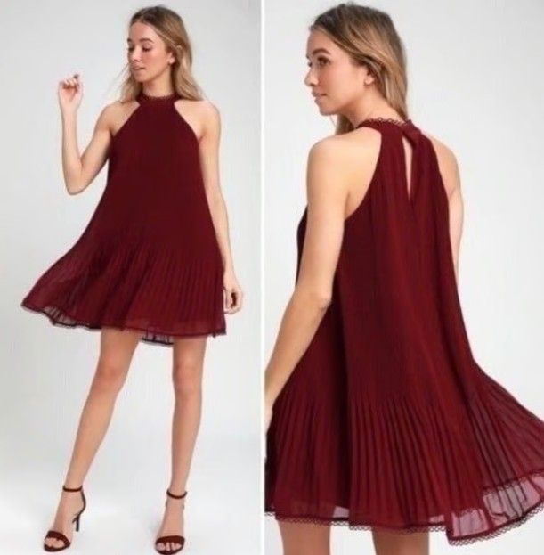 Lulus Red Wine Pretty Pleats Swing Dress