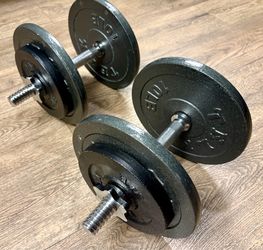Standard Set of Adjustable Cast Iron Dumbbells, (4) 10s, (4) 5s and NEW Dumbbell Bars.