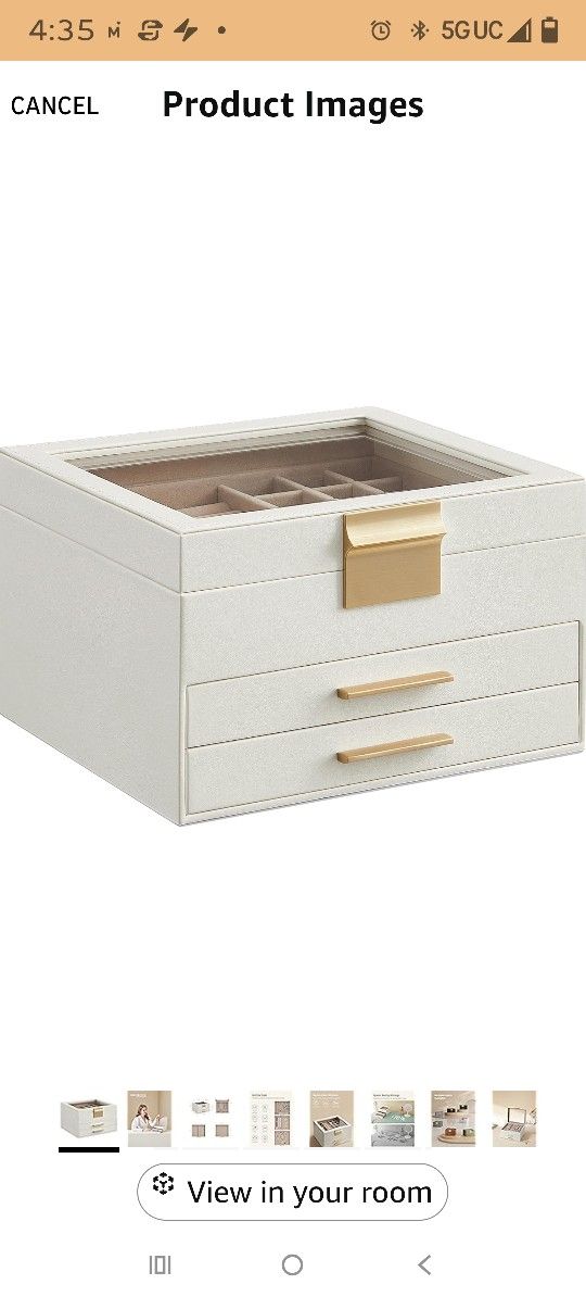 Jewelry Box Organizer with Glass Lid, 3-Layer Jewelry Storage, with 2 Drawers, Modern Style, 8 x 9.1 x 5.3 Inches, Cloud White and Gold Color UJBC239W