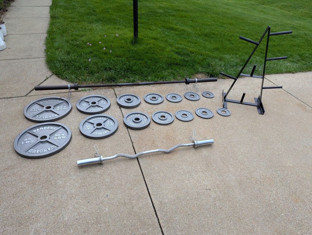 300 Lb Olympic Weight Set With Stand, Curl Bar