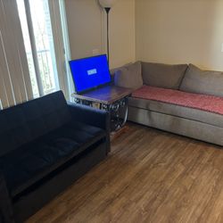 A futon couch with a pull-out bed, a small loveseat, a small TV, and a wooden table. ALL IN ONE  :)