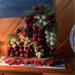 Chinese Stone Grapes &vines On Marble & Wood Base